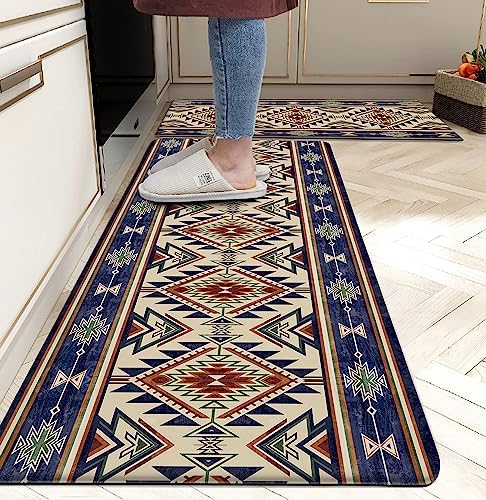 Western Kitchen Rugs for Floor Anti Fatigue Mats for Kitchen Floor Aztec Farmhouse Style Memory Foam Non-Slip Waterproof Kitchen Mat Cushioned PVC Leather Kitchen Rug Set, 17.3x28+17.3x47 inches