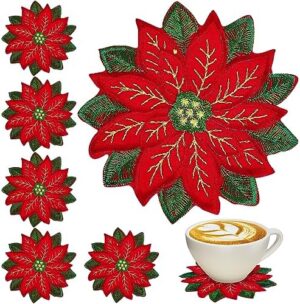 Whaline 10Pcs Christmas Embroidered Coaster Applique Poinsettia Double Layer Coaster Xmas Flower Cup Mat Pad for Christmas Winter Holiday Home Kitchen Office Table Decoration (4 x 4 Inch)