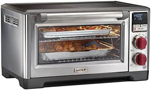 Wolf Gourmet Elite Digital Countertop Convection Toaster Oven with Temperature Probe, Stainless Steel and Red Knobs (WGCO150S)