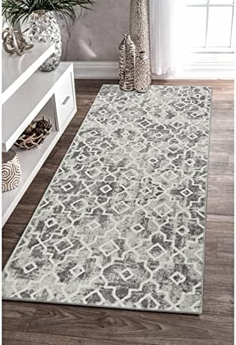 Wonnitar Moroccan Washable Area Rug - 2x4.3 Grey Kitchen Runner Rug Non-Slip Entryway Rug Modern Geometric Trellis Throw Rug Faux Wool Distressed Floor Carpet for Hallway Bedroom Bathroom