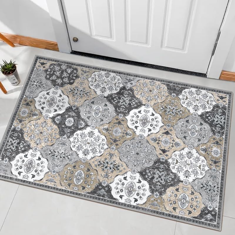 Worxvell 2x3 Entry Rug, Trellis Area Rug Washable Non-Slip Indoor Door Mat, Small Throw Rug Distressed Accent for Kitchen Bedroom Entryway Bathroom (Grey, 2x3ft)