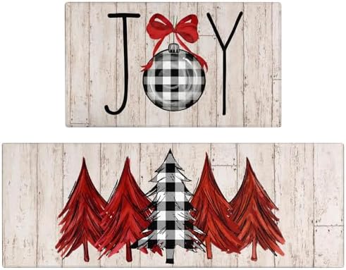 Xsinufn Merry Christmas Kitchen Rugs and Mats Set of 2,Buffalo Plaid Christmas Tree Joy Xmas Winter Holiday Sink Floor Mat Non Skid Washable for Home Farmhouse Christmas Decor 17"x47"+17"x30"