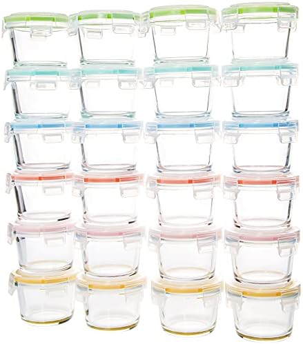 YARYOUNG 24 Pack 4oz MINI Glass Food Storage Containers, Small Glass Containers with Airtight Locking Lids, Glass Food Jars for Condiments, Canning, Snacks, Jams, Food, Dishwasher Safe, Round