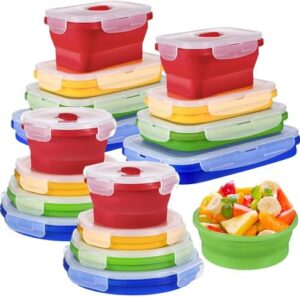 Yaomiao 16 Pack Collapsible Food Storage Containers Silicone Meal Prep Container with Lids, 8 Pcs Rectangle Bowls and 8 Pcs Round Bowls Foldable Microwave Freezer Dishwasher Safe (Bright Colors)