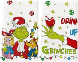 Yarcooly Grinch Dish Towels for Kitchen Grinch Christmas Decorations for Home Kitchen Grinch Décor Ornaments Merry Christmas Xmas Decorations Towels Set Dish Towel Cloths Set of 2 18x26 Inch