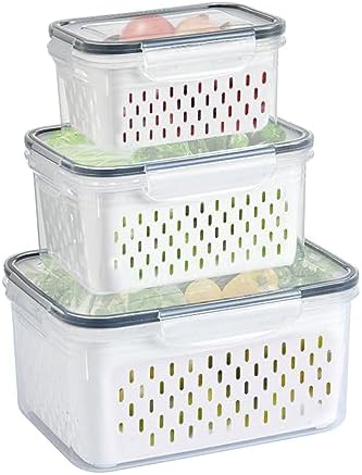 Yiwafu 3 Pack Fruit Storage Containers for Fridge with Lid & Colander, BPA-Free Plastic Fresh Keeper Set, Food Storage Containers for Refrigerator Organizer for Salad Vegetables Meat(Rectangular)