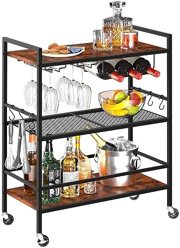 Yoobure Bar Cart with Wheels, Bar Carts for The Home, 3-Tier Rolling Kitchen Cart with Wine Rack and Glass Holder, Home Bar & Serving Carts with Hooks Wine Cart Microwave Cart for Kitchen Living Room