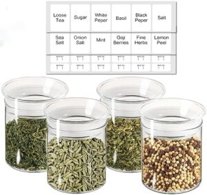 ZENS Glass Canister Set, Small Airtight Kitchen Storage Jars with Glass Lids, Clear 4 Pack 10oz Empty Food Container for Spices with Lables and Stickers.