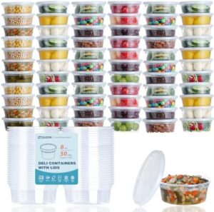 ZT GUZOR Clear Food Storage Containers and Deli Containers with Airtight Lids 8oz [50 pack], Plastic Soup, Freezer Storage, Meal Prep Containers, Made in USA