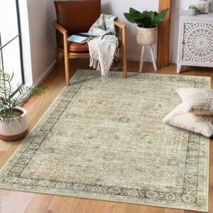 Zealude Area Rug Machine Washable Rugs 3x5, Non Slip Entryway Rugs Soft Kitchen Rugs, Boho Traditional Stain Resistant Low Pile Printed Indoor Floor Carpet for Bathroom Office Bedside, Beige