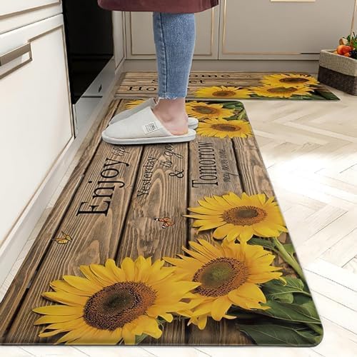 chiinvent Sunflower Kitchen Rugs 0.4 Inch Thick Farmhouse Style Kitchen Decor Yellow Kitchen Mats, Non Skid Washable Anti Fatigue Kitchen Comfort Standing Mats for Floor 2 Pieces,17.3x28+17.3x47