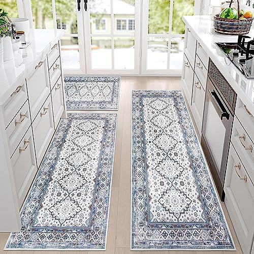 eqivei Boho Kitchen Rug Mat Farmhouse Kitchen Rugs Sets of 3 Washable Non-Slip Kitchen Floor Mats for in Front of Sink Boho Kitchen Decor (Boho Blue)