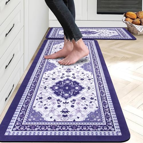 eqivei Kitchen Rugs Sets of 2, Non-Skid Rubber Kitchen Mats for Floor, Boho Kitchen Runner Rugs and Mats Washable, Farmhouse Cushioned Standing Mat for Kitchen, Front of Sink, Laundry（Purple）