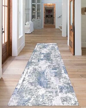 famibay 2x8 Runners with Rubber Backing Upgraded Non Slip Modern Abstract Washable Soft Fluffy Low Pile Carpet Floor Rug for Hallways Foyer Kitchen Entryway(Blue and Grey)