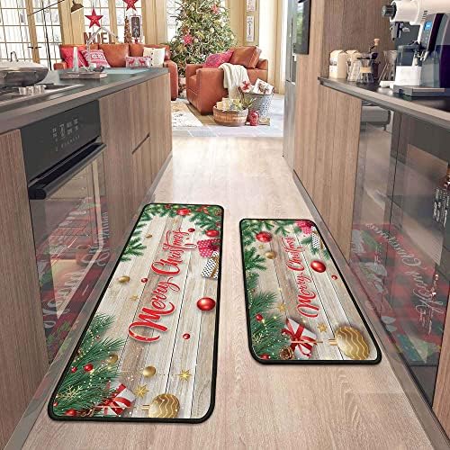 flippana 2 Pcs Christmas Kitchen Rugs and Mats for Floor Non-Slip Backing Mat Merry Christmas Kitchen Decor Anti Fatigue Kitchen Rug Sets with Runner Xmas Decor (17"x47.2"+17"x30", Christmas 02)