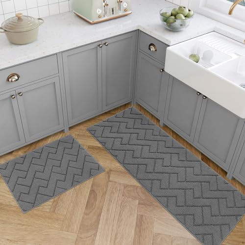 hicorfe Kitchen Rugs and Mats Sets,2 Pieces Super Absorbent Polypropylene Non-Slip Rug,Soft Comfort Floor Mat,Machine Wash for Kitchen,Hallway,Office,Sink,Laundry(20" x 31.5"+20" x 48",Grey)