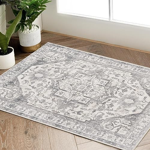 jinchan Area Rug 2x3 Washable Rug Floral Rug Entryway Rug Distressed Grey Soft Rug Vintage Retro Rug Indoor Non Slip Door Mat Carpet Kitchen Living Room Bedroom Dining Room