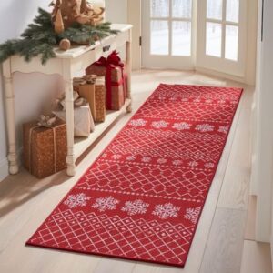 jinchan Christmas Runner Rug 3x7 Red Hallway Rug Xmas Snowflake Runner Kitchen Rug Washable Rug Non Slip Moroccan Carpet Holiday Decor Geometric Soft Rug for Bedroom Bathroom Laundry Living Room