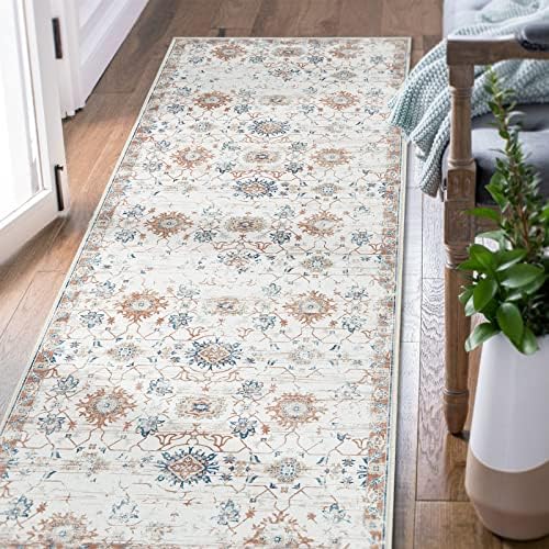 jinchan Runner Rug 2x6 Hallway Vintage Washable Rug Kitchen Orange Floral Print Rug Foldable Thin Rug Boho Farmhouse Indoor Floor Cover Non Slip Soft Mat Bedroom Living Room Dining Room