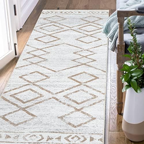 jinchan Runner Rug 2x6 Moroccan Hallway Rug with Line Bohemian Kitchen Washable Runner Rug Modern Geometric Soft Rug Indoor Non Slip Carpet Bathroom Bedroom Taupe