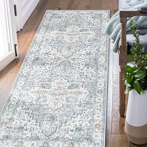 jinchan Runner Rug 2x6,Bohemian Hallway Rug Kitchen Rug Washable Rug Floral Runner Non Slip with Rubber Backing Thin Vintage Carpet Runner for Bedroom Bathroom Laundry Room Living Room Decor Grey