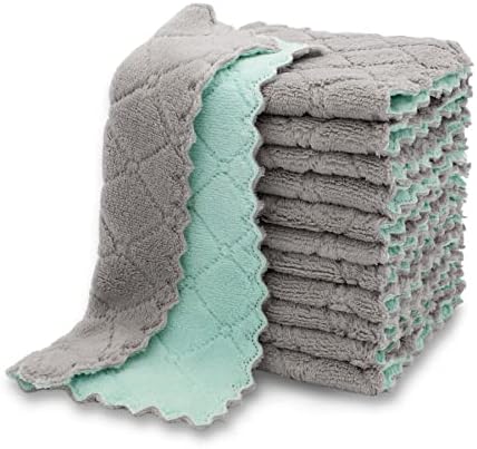 kimteny 12 Pack Kitchen Cloth Dish Towels, Premium Dishcloths, Super Absorbent Coral Velvet Dishtowels, Nonstick Oil Washable Fast Drying (Green-Grey)