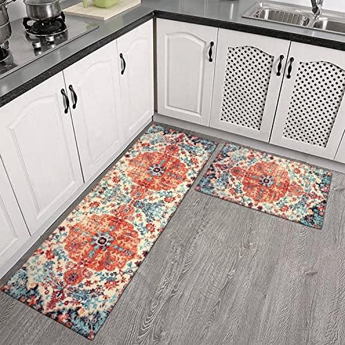 safarsa Boho Style Kitchen Mats for Floor Set of 2 Pieces Bohemian Floral Medallion Country Vintage Kitchen Rugs and Mats Non Skid Washable Kitchen Floor Mat(17" Wx30 L+17" Wx 47" L)