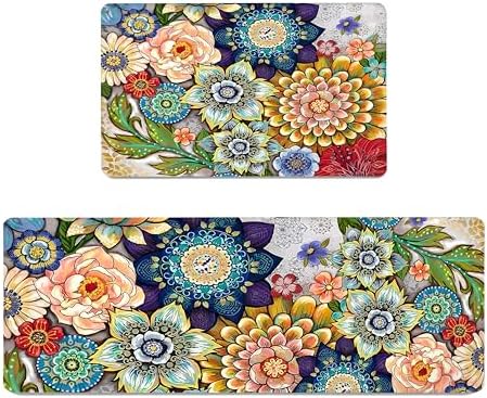 tubeamin Colorful Boho Floral Kitchen Rugs Mats for Floor Bohemian Vintage Flower Kitchen Rug Anti Fatigue Non Slip Cushioned Comfort Standing Mat, 17.3x28+17.3x47 inch