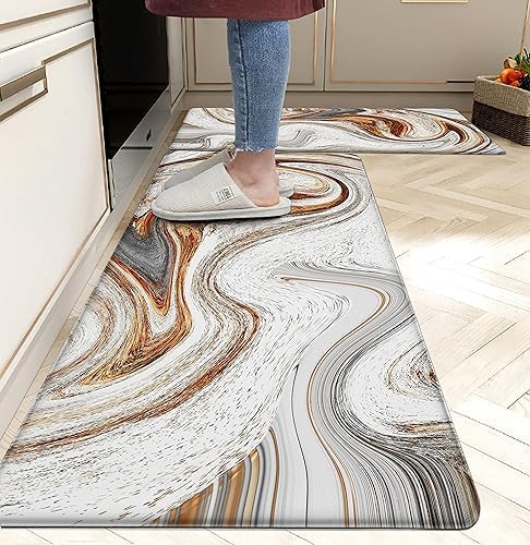 tubeamin Kitchen Mats for Floor Anti Fatigue Floor Marble Cushioned Memory Foam Non Slip PVC Leather Padded Comfort Standing Rugs Set of 2, Abstract Golden Swirl Design, C1