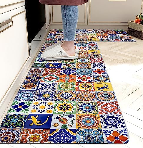 weesire Boho Kitchen Rugs Set 2 Pieces Memory Foam Colorful Ceramic Comfort Tile Floor Mat Anti Fatigue Non-Skid PVC Runner Rug Water & Oil Proof Carpet for Kitchen Laundry Sink,17.3x28+17.3x47 Inch