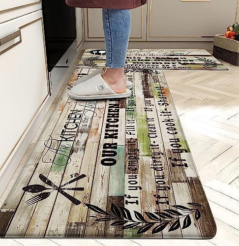 weesire Kitchen Mats for Floor Anti Fatigue Mats for Kitchen Floor Kitchen Rugs Farmhouse Style Memory Foam Kitchen Mat Cushioned PVC Leather Kitchen Rug Set, 17.3x28+17.3x47 inchs