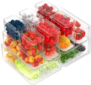 12 Pack Fridge Organizer, Refrigerator Organizer Bins with Lids, Clear Stackable BPA-Free Produce Fruit Storage Containers and Plastic Pantry Organization for Food