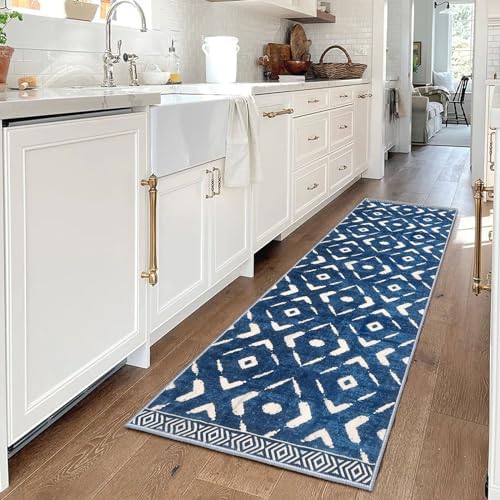 KILOCOCO Runners for Hallways, Hallway Runner Rug Washable, Runner Rug Non Slip Distressed Laundry Room Rug, Low-Pile Rug Runner for Entryway/Bedroom/Kitchen/Living Room/Bathroom, 2x6 Blue