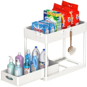 PUILUO Under Sliding Cabinet Basket Organizer, 2 Tier Under Sink Organizers White Under Sink Storage for Bathroom Kitchen