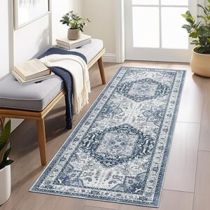 Madane Washable Runner Rug 2x7, Hallway Laundry Room Kitchen Entryway, Non Slip Rug Runners with Rubber Backing, Non Skid Stain-Resistant Non Shedding Durable Vintage Runners (2'x7', Navy Blue)