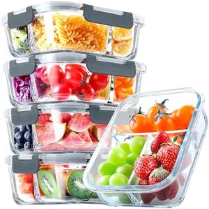 VERONES 5 Pack Glass Meal Prep Containers 3 Compartment Set, 36OZ Airtight Glass Lunch Containers, Glass Food Storage Containers with Lids, for Microwave, Oven, Freezer & Dishwasher Friendly,Grey