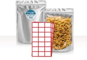 BELLE KR® Mylar Bags for Food Storage with 5mil Thickness - Pack Of 100 (7"x10") Self-Stand-up Clear Mylar Ziplock Bags with Label Stickers - Resealable Bags for Packaging