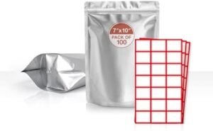 BELLE KR® Mylar Bags for Food Storage with 5mil Thickness - Pack Of 100 (7"x10") Self-Stand-up Mylar Ziplock Bags with Label Stickers - Resealable Bags for Packaging