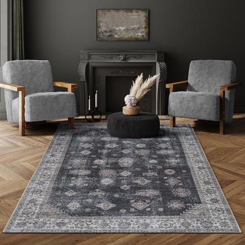 Adiva Rugs Machine Washable Area Rug with Non Slip Backing for Living Room, Bedroom, Bathroom, Kitchen, Printed Vintage Home Decor, Floor Decoration Carpet Mat (Black, 4' x 6')