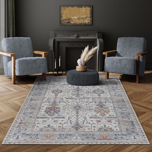 Adiva Rugs Machine Washable Area Rug with Non Slip Backing for Living Room, Bedroom, Bathroom, Kitchen, Printed Vintage Home Decor, Floor Decoration Carpet Mat (Multi, 5' x 7')