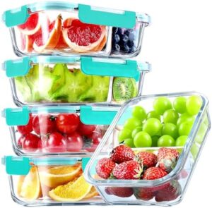 VERONES 5 Pack Glass Meal Prep Containers 2 Compartment Set, 36OZ Airtight Glass Lunch Containers, Glass Food Storage Containers with Lids, for Microwave, Oven, Freezer & Dishwasher Friendly,Green