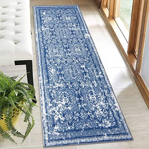 Vaukki Hallway Runner Rug, Vintage Shaggy Soft Laundry Rug , Non Slip Mat, Washable Farmhouse Kitchen Area Carpet for Bathroom, Entryway and Bedroom (2' X 6', Blue)