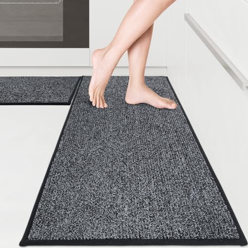 PURRUGS Machine Washable Kitchen Rug Set of 2, Non-Slip/Skid Kitchen Runner Rugs & Floor Mats, Super Absorbent Soft Area Rugs for Sink, Kitchen & Laundry, Rolled Packaging, Charcoal