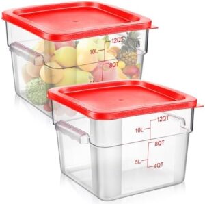 Suclain 2 Pieces Square Food Storage Containers Polycarbonate Clear Bucket Food Container with Red Lid Commercial Food Storage with Red Graduations for Commercial Kitchen Dough Marinating Meat (12 qt)