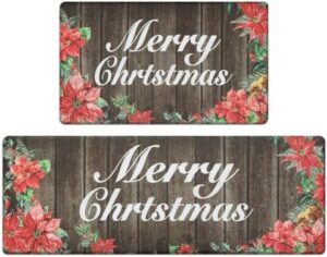 KIMODE Merry Christmas Kitchen Rugs and Mats,Anti Fatigue Non Slip Kitchen Rugs Sets of 2,Red Floral Brown Kitchen Mats for Floor,Farmhouse Comfort Standing Mat,Christmas Decorations for Home Kitchen