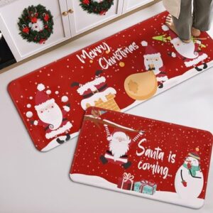 Alishomtll Christmas Kitchen Mats for Floor 2 Pieces, Washable Absorbent Kitchen Rugs Non Slip for Christmas Decors, Cute Santa Christmas Rug and Door Mat,17''x47''+17''x29''