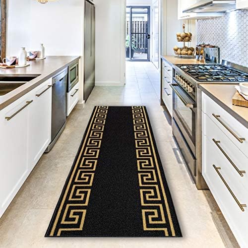 CreativeDeco Custom Made Runner Rug Low Pile with Rubber Backing for Kitchen Foyer Hallway Entry Choose Your Length Size 26 Inch Wide Greek Key Meander Design Black Gold Color (8 feet x 26 inch)