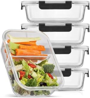 JoyJolt Divided Food Storage Containers with Lids Airtight. 5 Pack Glass Meal Prep Containers 2 Compartment Set Glass Bento Box. Reusable Food Containers, Portion Control Containers for Weight Loss