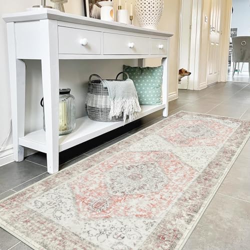 KOZYFLY Hallways Runner Rug 2x6 Ft Washable Hall Carpet Runner Non Slip Kitchen Runner Rugs Pink Boho Bedside Rugs Entryway Runner Rug Faux Wool Rug for Bedroom Kitchen Hallway