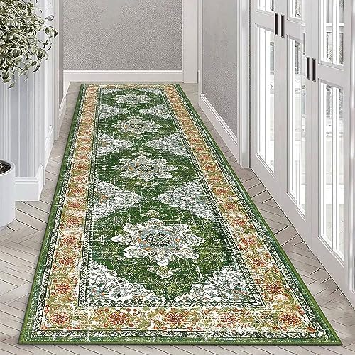 Ileading Vintage Runner Rug for Hallway, Machine Washable Area Rug Runners with Rubber Backing, Non Slip Kitchen Floor Mat for Entryway Bedroom Livingroom (Green 2x8ft)